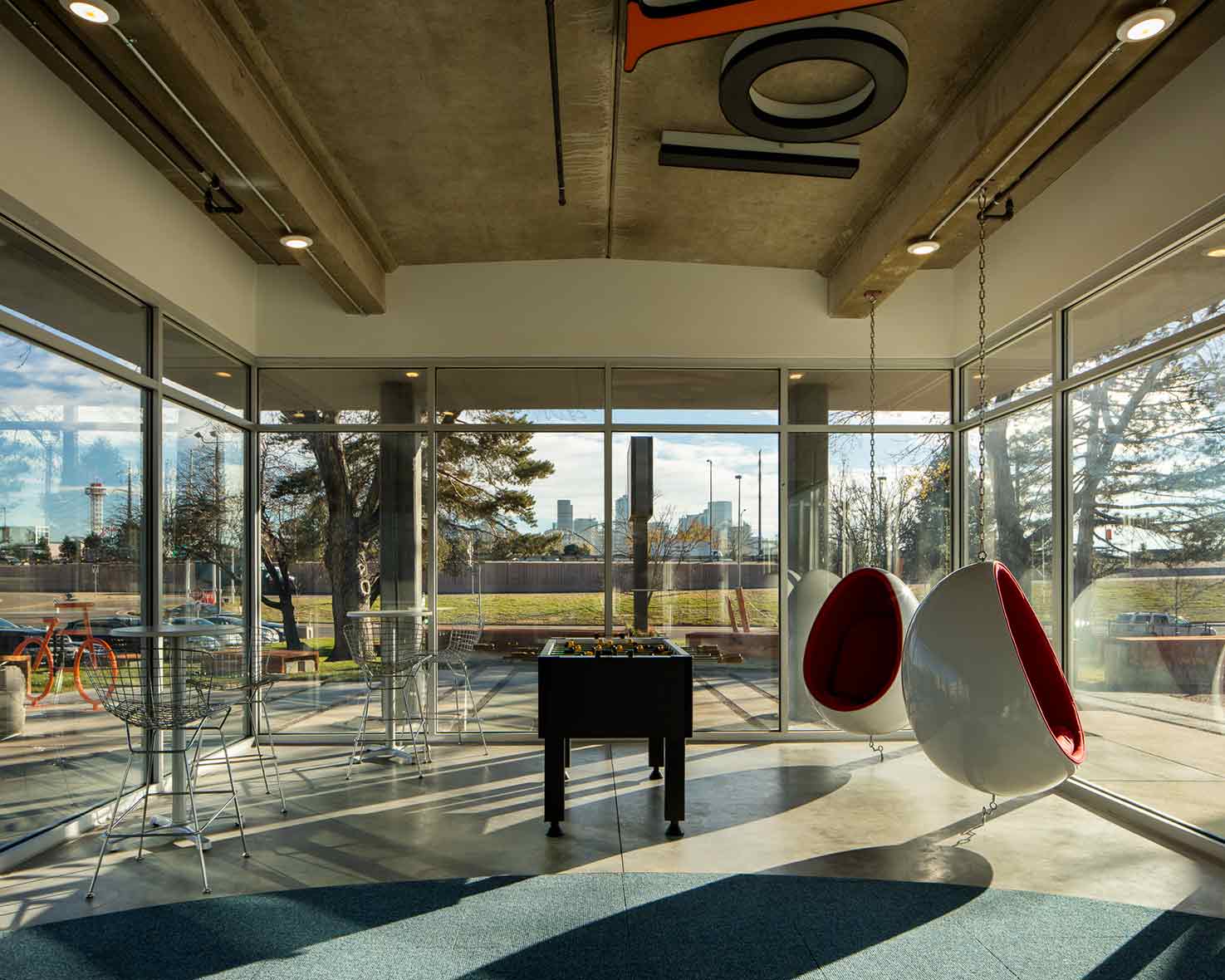 Turntable Studios Interior Entrance Game Room With Denver Skyline View